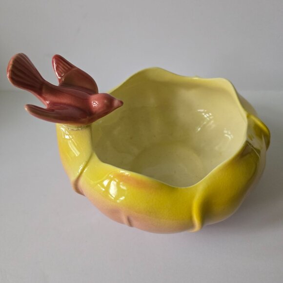 Vintage Royal Copley Yellow & Pink Ceramic Planter Bowl With Bird Accent - Picture 16 of 16